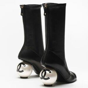 CHANEL Black Boots with Signature Pearl Heel